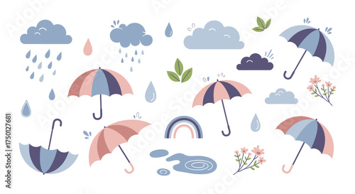 Cute Rainy Day And Umbrella Collection With Rainbow And Flowers For Kids