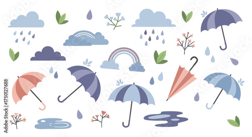 Charming Collection of Weather Elements Featuring Umbrellas Raindrops Clouds and Rainbows for Outdoor Adventures and Seasonal Designs