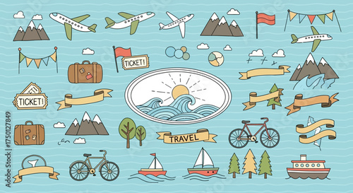 Charming Hand Drawn Travel Icons Representing Adventure Transportation and Scenic Destinations