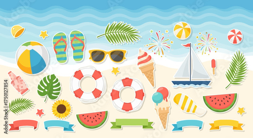 Vibrant Beach Vacation Scene Filled With Summer Icons And Elements For A Joyful Holiday