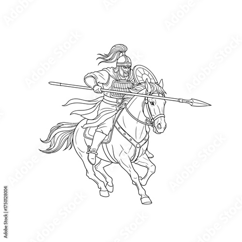 Ancient armored warrior on a charging horse with a spear line art.