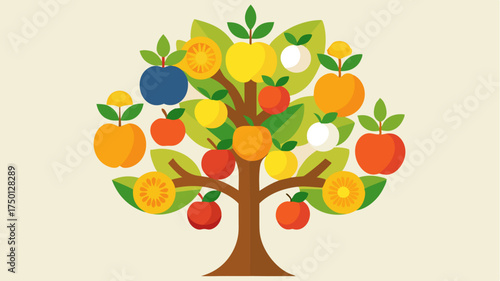 A tree made of various fruits such as apples bananas and oranges representing abundance and the variety of plantbased food.