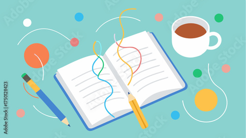 An open notebook filled with scribbles and highlighted sections accompanied by colorful pens and coffee emphasizing the individual aspect of brainstorming.