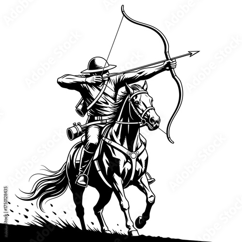 Dynamic black and white illustration of a mounted archer aiming his bow.