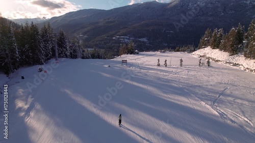 Skier snowboarder downhill ski mountain, Whistler mountain, snow, ski, winter sport, sunset. 4 24FPS