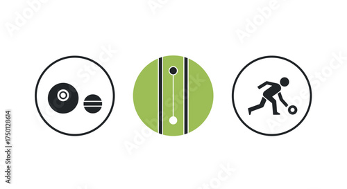 Set of Icons Illustrating Lawn Bowling Game Components and Athlete in Motion Isolated on White Background