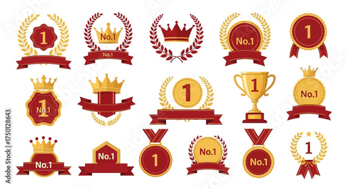 Collection of Award Ribbons and Trophies Featuring Gold and Red Designs Representing Success and Achievement