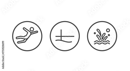 Diving action wave and splash icons isolated on white background vector illustration represents aquatic sports and leisure activities