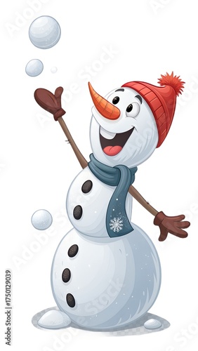 Snowman joyfully playing with snowballs on a transparent background