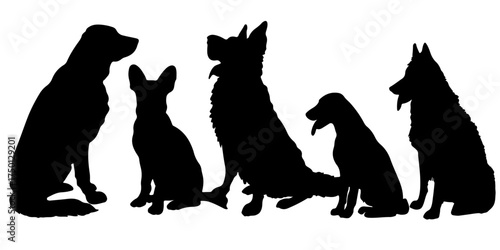 Diverse group of five dog breeds sitting together in a black silhouette style