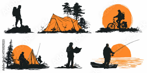 Collection of outdoor activity silhouettes including hiking camping cycling fishing and reading silhouette
