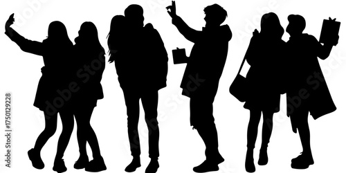 Group of friends taking selfies and waving in silhouette against a white background