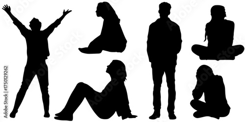 Collection of diverse people in various sitting and standing poses silhouette