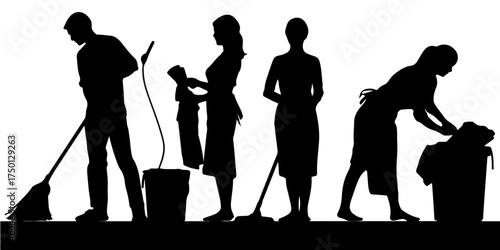 Diverse group of people in silhouette performing household cleaning tasks silhouette