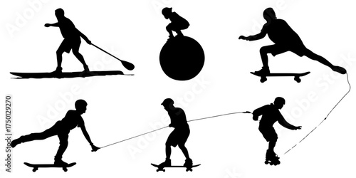 Collection of diverse action sport silhouettes including paddleboarding skateboarding and balance board silhouette