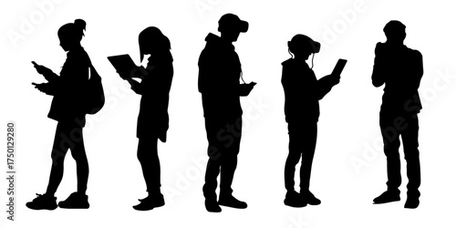 Diverse group of people in silhouette using technology and devices