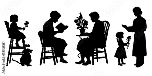 Diverse family members enjoying quiet activities in silhouette style