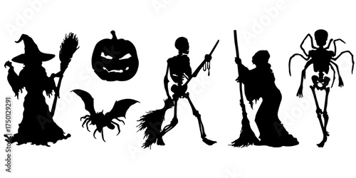 Halloween spooky characters and pumpkin silhouette collection for festive decoration