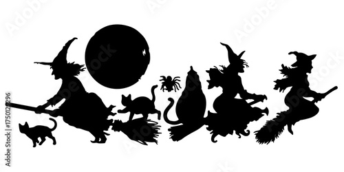 Halloween silhouette of witches flying on broomsticks with cats and moon