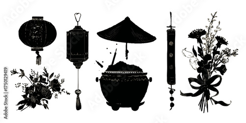 Collection of traditional Chinese decorative objects and floral arrangements in silhouette