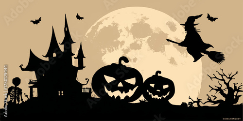 Spooky halloween scene with haunted castle pumpkins witch and full moon silhouette