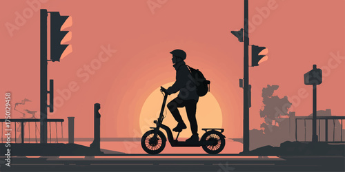Person riding an electric scooter at a city crosswalk during sunset silhouette