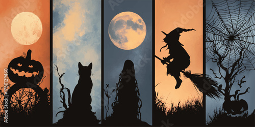 Halloween themed vertical banners with spooky silhouettes of a pumpkin cat witch and tree