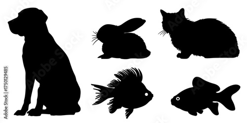 Collection of domestic animal silhouettes including dog cat rabbit and fish