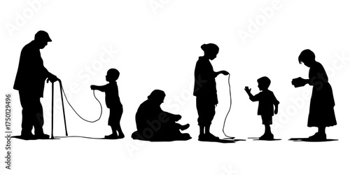 Diverse group of people of different ages playing together silhouette