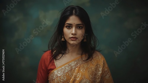Beautiful young indian woman wearing traditional saree and earrings