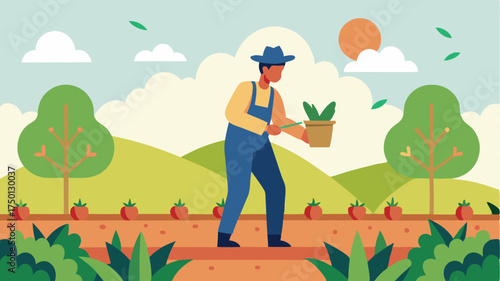A peaceful scene of a farmer tending to crops in a field with rows of tomatoes and lettuce plants and birds flying overhead highlighting a healthy farming lifestyle.