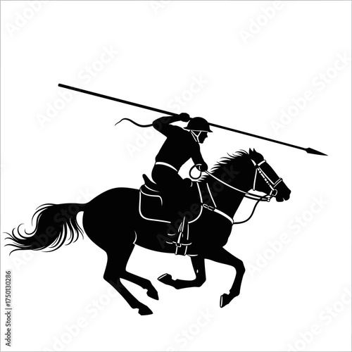 Silhouette of a historical warrior riding a horse with a spear.