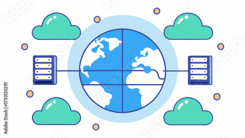 A globe surrounded by interconnected clouds representing global data exchange with server icons at various locations indicating data centers around the world.