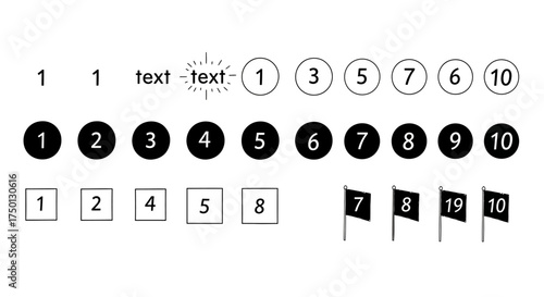 A Collection of Numbered and Textual Visual Elements Presented in Various Graphical Styles for Design and Data Representation