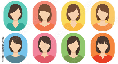 Collection of Diverse Female Avatars Showcasing Various Hairstyles and Necklines in Oval Frames