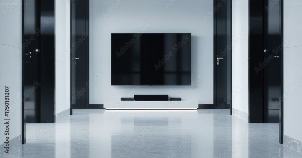 Fototapeta premium Minimalist glossy black television off diagnostic lab hallway with neutral design
