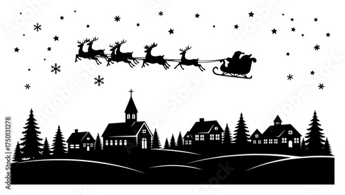 Santa sleigh and reindeer flying above winter village – festive Christmas night silhouette landscape illustration