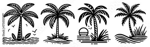 Tropical palm tree outline set – exotic beach coconut palms with sun and birds minimalist silhouette collection