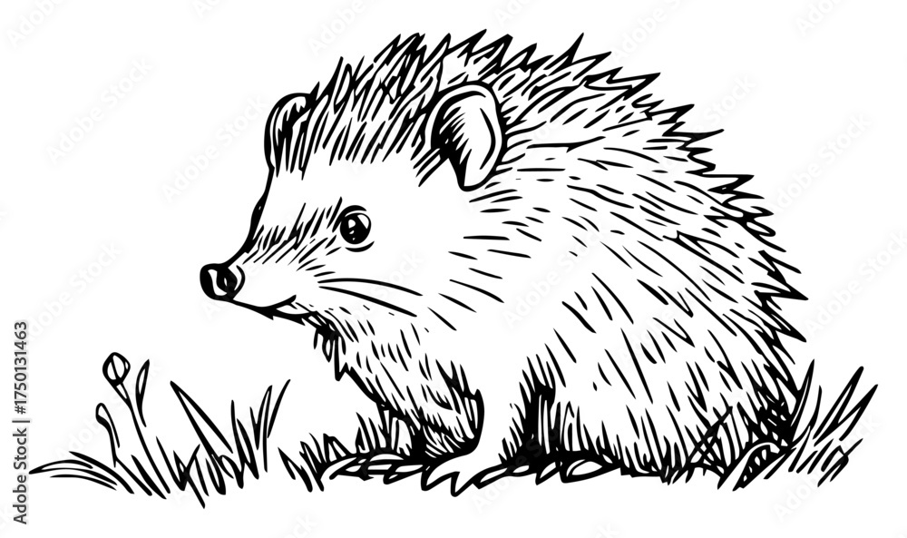 Obraz premium Adorable hedgehog in grass hand drawn sketch – cute woodland animal wildlife illustration