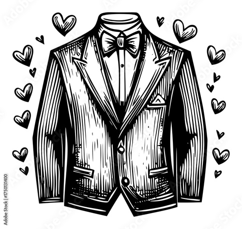 Elegant tuxedo jacket with hearts sketch – gentleman suit romantic wedding outfit illustration