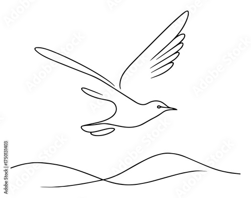 One line flying bird over hills – minimalist freedom and nature continuous line illustration