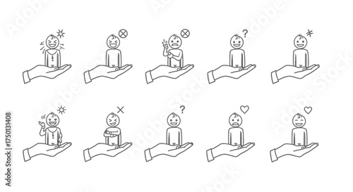 Diverse Human Emotions and Expressions Presented on a Caring Hand Symbolizing Empathy and Understanding Through Visual Representation of Feelings