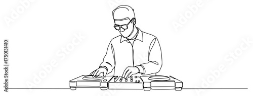 DJ mixing music on console one‑line drawing – minimalist disc jockey nightlife party illustration