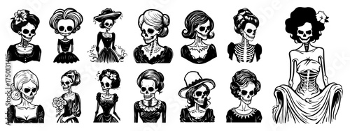 Victorian lady skeleton portraits bundle – gothic female skull retro illustration set for Halloween
