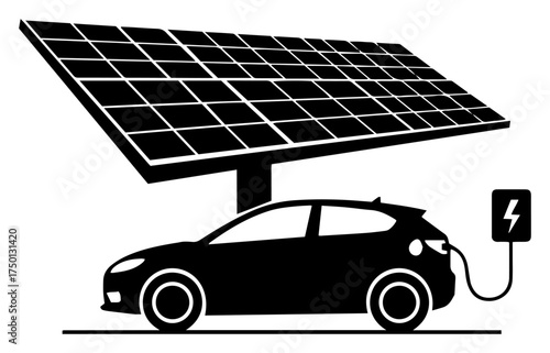 Solar panel electric car charging silhouette – eco friendly renewable energy vehicle illustration