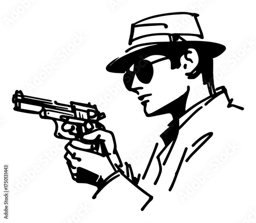 Noir secret agent with pistol illustration – retro detective spy aiming handgun sketch