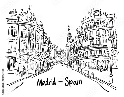 Madrid city street urban sketch – Gran Via boulevard hand drawn Spain architecture illustration