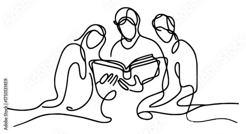 Group study session continuous line drawing – three students reading open book minimalist art