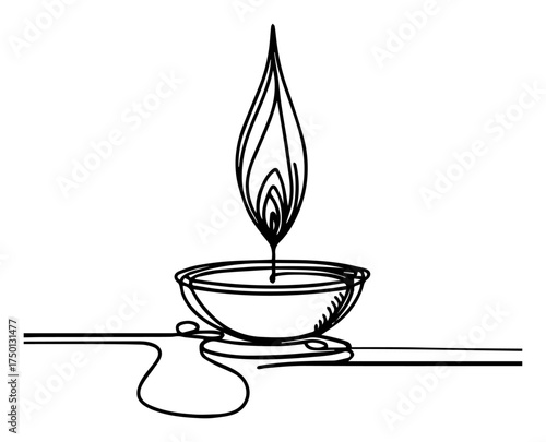 Burning oil lamp continuous line drawing – minimalist candle flame diya illustration