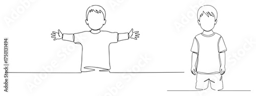 Little boy arms wide front and side view – child figure continuous line character poses
